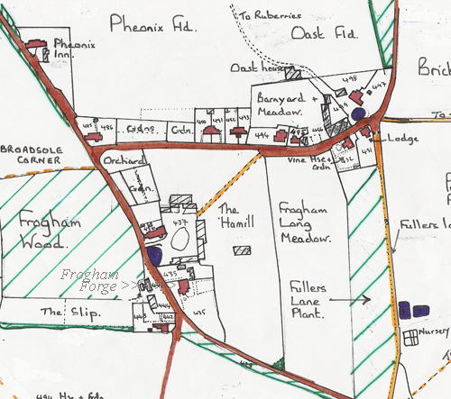 The Frogham forge and Frogham Farm, previously Broadsole Farm, from 1859 tithe map.