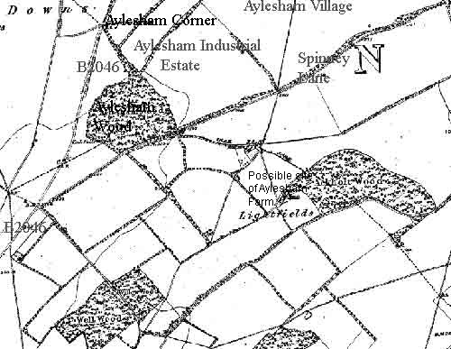 Aylesham Wood in the 1870′s. It directly bordered onto Curleswood Park, now largely covered by Aylesham village and industrial estate. The open ground between the wood and the junction of Spinney Lane and the B2046 was once poor quality agricultural land called Poor Start and Little Profit. It’s now over grown and has become part of the original Aylesham Wood.