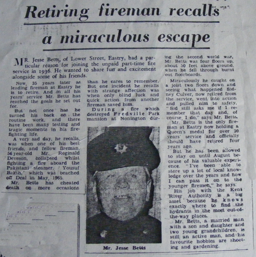 Mr Jesse Betts of Eastry, who helped fight the fire at Fredville in 1940