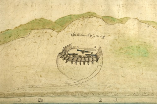 Motes Bulwark in 1591. The Moat’s Bulwark was built by Henry VIII in the 1530's as part of artillery fortifications intended less as a strengthening of the castle than as protection for the newly enlarged harbour. It was probably built circa 1539 and is first mentioned as ‘the bulwark subtus castrum Doveri’. By 1540 it had ordnance and artillery and a captain, the painting shows it as a timber revetted platform, with a roughly circular front, approached by tunnels in the cliff. It had most likely been strengthened by the 1640's but the layout would have been similar. Moat's Bulwark has been greatly altered over the centuries and little of the original structure remains. The much modified Mote Bulwark can still be seen under the castle on the road to the Eastern Docks.